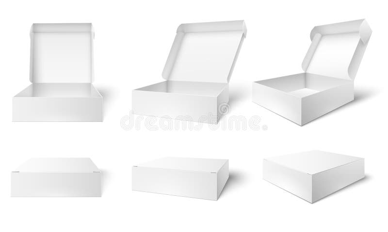 Ge? ffneter verpackenkasten Leere Paketkästen, öffneten und schlossen weißen Vektor-Illustrationssatz des Paketmodells 3d stock abbildung