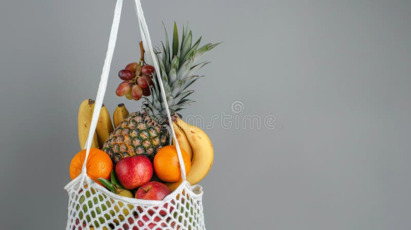 Geanta reutilizabila cu fructe proaspeteAI generate imagine stock image