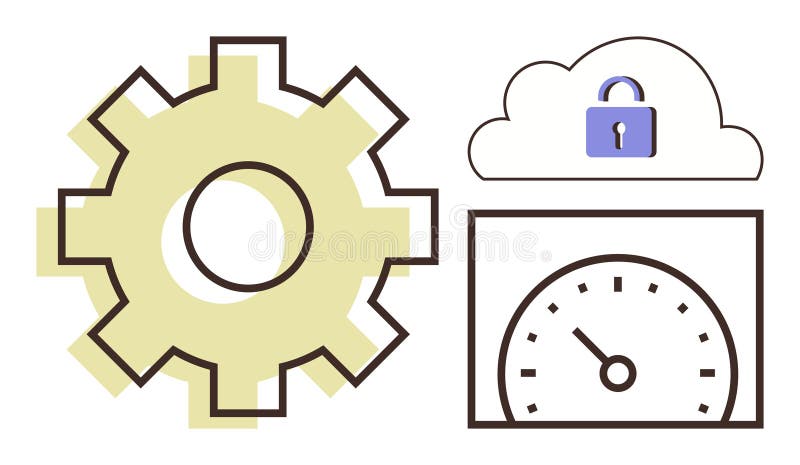 Gear, Cloud Security, and Speedometer Representing Optimization, Security, and Efficiency stock illustration