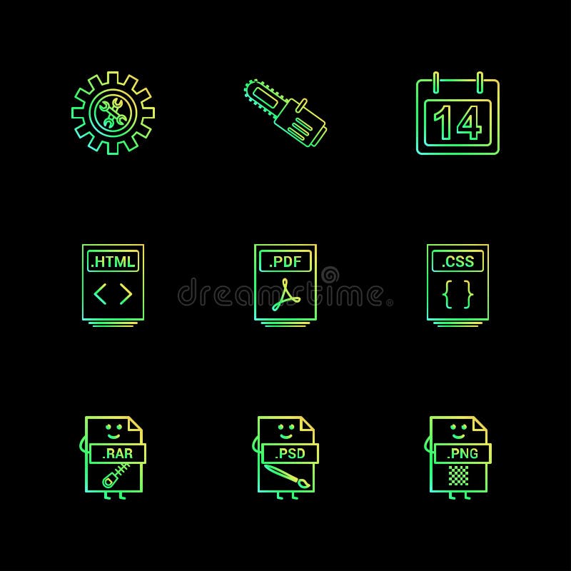 Gear , cutter , calender , html file , pdf file , css file , com royalty free illustration