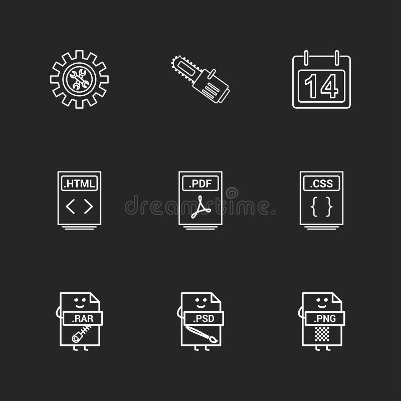 Gear , cutter , calender , html file , pdf file , css file , com vector illustration