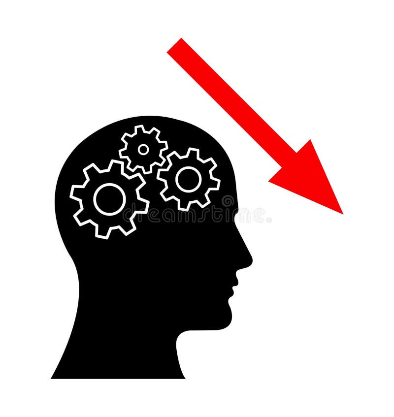 Gear Head Man Profile Thinking about decrease. Decrease arrow icon vectors