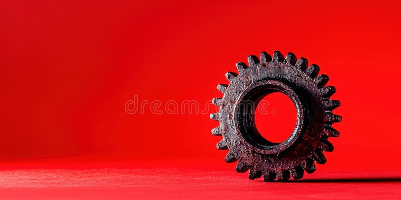 A gear is sitting on a red background royalty free stock photo