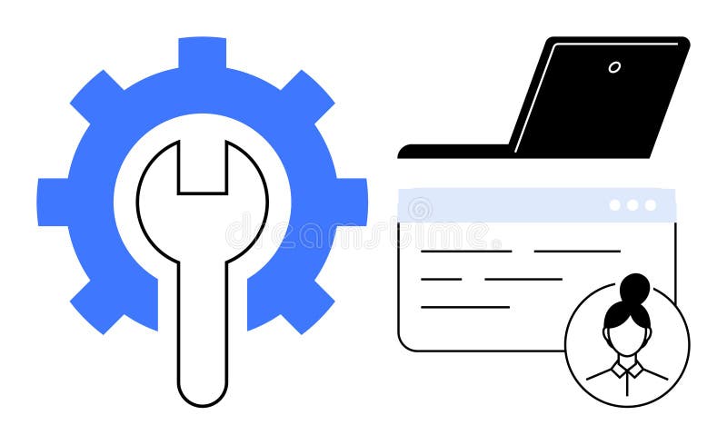 Gear with Wrench, Laptop, User Profile, and Interface Panel for Efficient Digital Tools Concept royalty free illustration