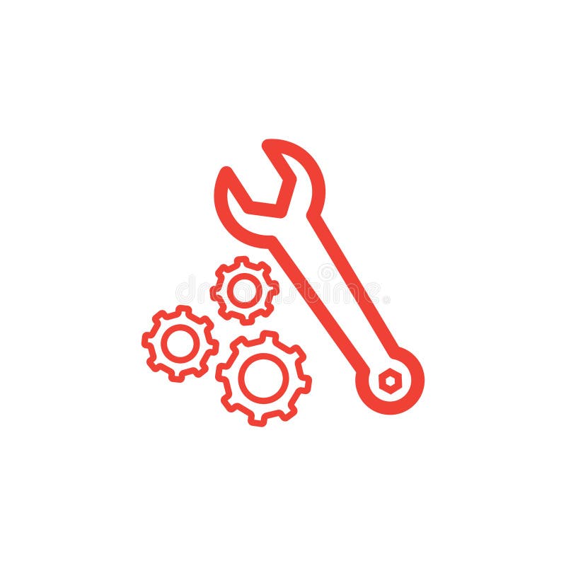 Gear and Wrench Line Red Icon on White Background. Red Flat Style