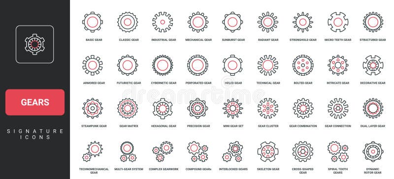 Gears and cogwheels of machine engine, system function, technical progress line icon set stock illustration