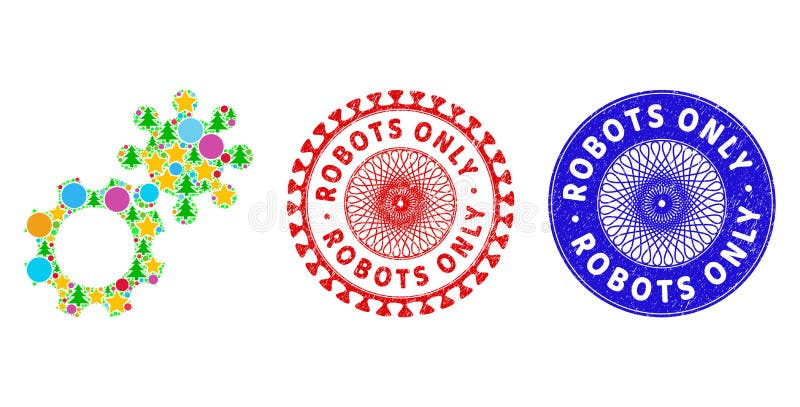 Robots Only Scratched Rubber Imprints and Gears Collage of Christmas Symbols vector illustration
