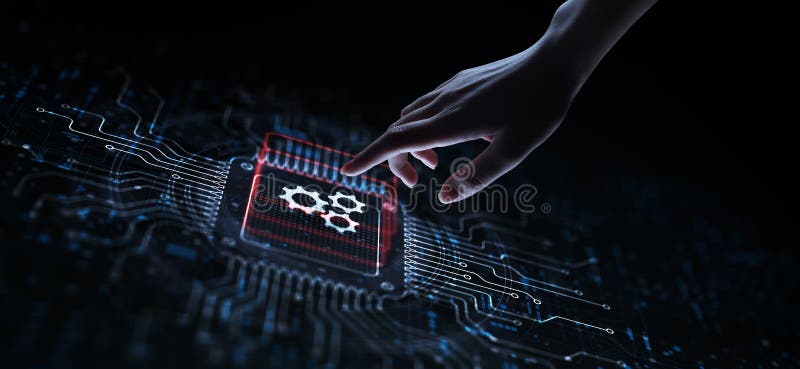 Gears Icon Representing Automation Illustrated on a Processor Touched by a Human Hand royalty free stock photo