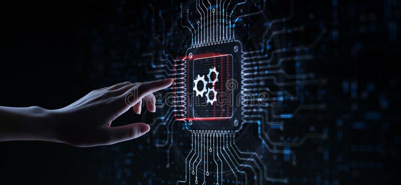 Gears Icon Representing Automation Illustrated on a Processor Touched by a Human Hand royalty free stock photography
