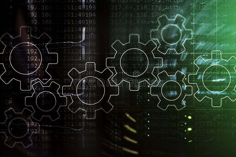 Gears mechanism, digital transformation, data integration and digital technology concept. stock photography