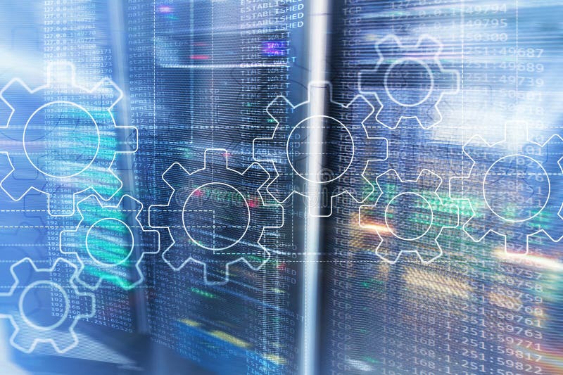 Gears mechanism, digital transformation, data integration and digital technology concept. stock photo