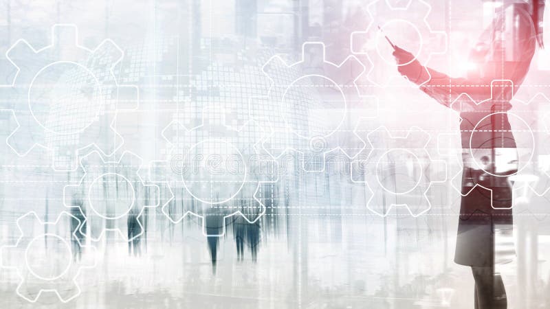Gears mechanism, digital transformation, data integration and digital technology concept. stock image