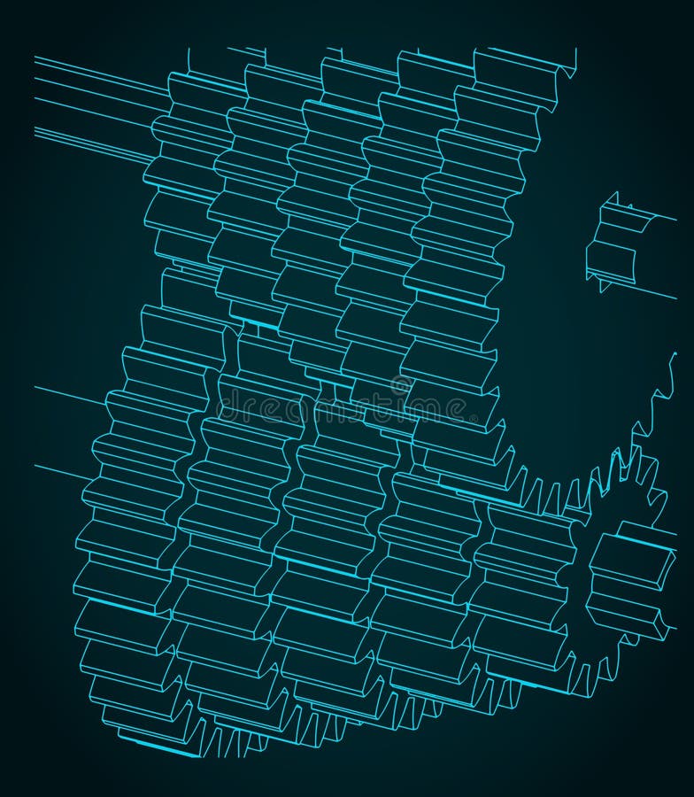 Gears mechanisms close-up isometric blueprint stock illustration