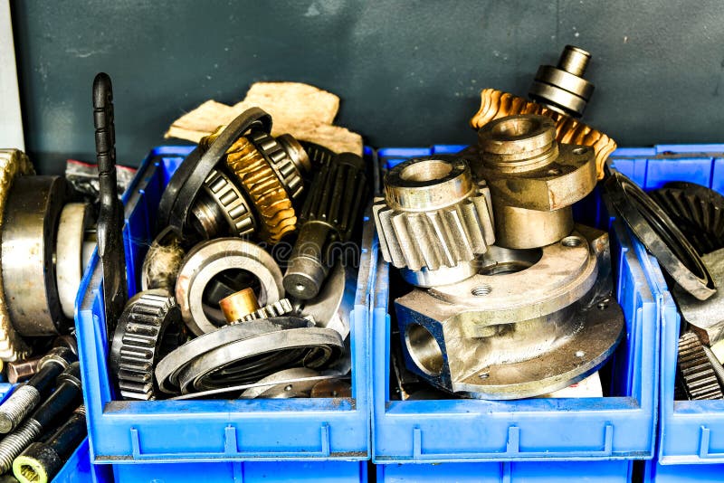 Gears and Worm Wheels in a Warehouse in a Repair Shop Stock Image