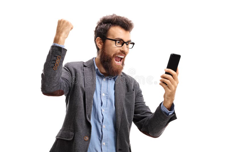 Gebaarde mens met een telefoon gesturing geluk royalty-vrije stock foto Gebaarde mens met een telefoon gesturing geluk royalty-vrije stock foto