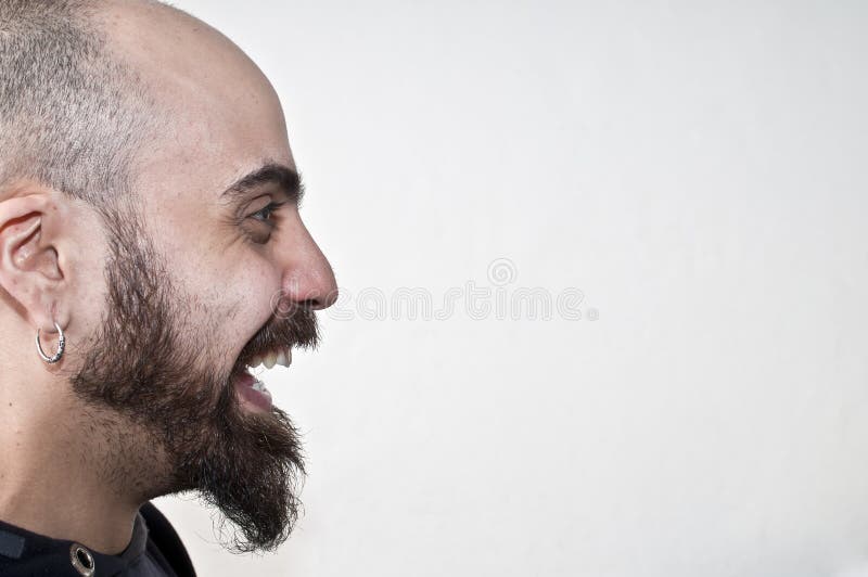 Bearded man in profile that laughs on white background. Bearded man in profile that laughs on white background