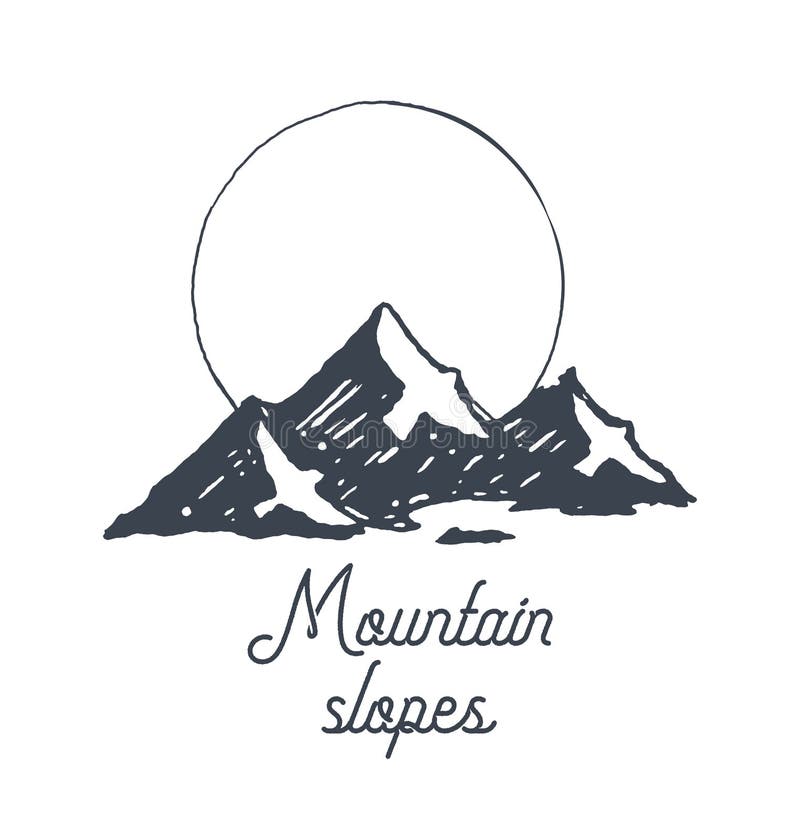 Mountain logotype, logo template. Beautiful landscape with sunrise in the mountains and hidden silhouettes of birds. Hand drawn vector illustration, sketch. Mountain logotype, logo template. Beautiful landscape with sunrise in the mountains and hidden silhouettes of birds. Hand drawn vector illustration, sketch
