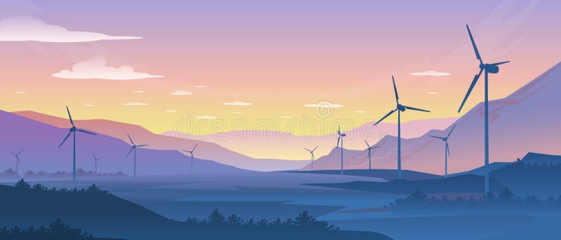 Gebirgsökologielandschaft Stützbare Windenergieturbinen silhouettieren mit Kiefernwald und -bergen Vektor realistisch