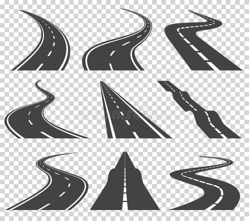 Gebogen wegen vectorreeks Asfaltweg of manier en de weg van de krommeweg Windende gebogen weg of weg met noteringen