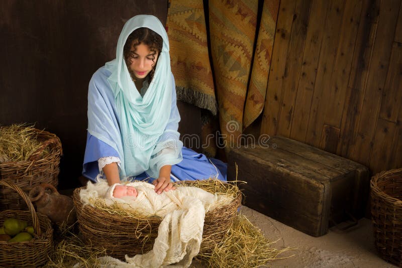 Geboorte van Christusscène in trog stock afbeelding Geboorte van Christusscène in trog stock afbeelding
