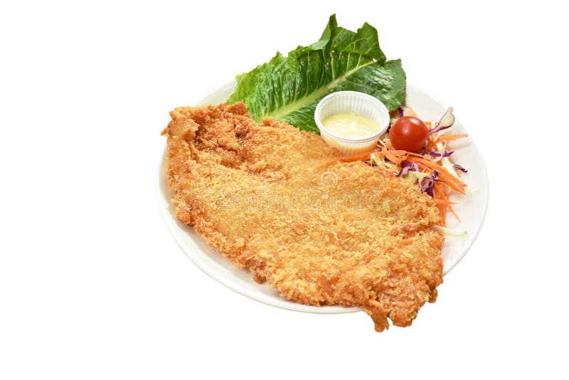 Gebraden het beslag dolly vissen verpakt broodlapje vlees met salade op schotel stock afbeelding Gebraden het beslag dolly vissen verpakt broodlapje vlees met salade op schotel stock afbeelding