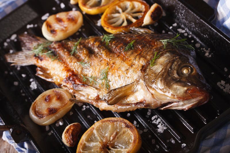 Gebraden vissenkarper met citroen en ui op grillpan stock afbeeldingen Gebraden vissenkarper met citroen en ui op grillpan stock afbeeldingen