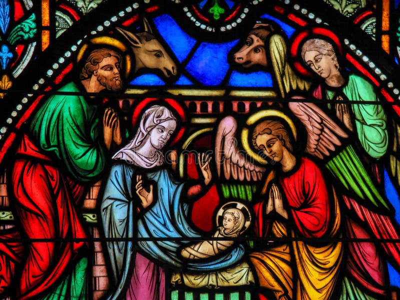 Gebrandschilderd glas - Geboorte van Christusscène bij Kerstmis