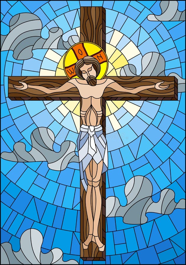 Gebrandschilderd glasillustratie op het bijbelse thema, Jesus Christ op het kruis tegen de bewolkte hemel en de zon vector illustratie Gebrandschilderd glasillustratie op het bijbelse thema, Jesus Christ op het kruis tegen de bewolkte hemel en de zon vector illustratie