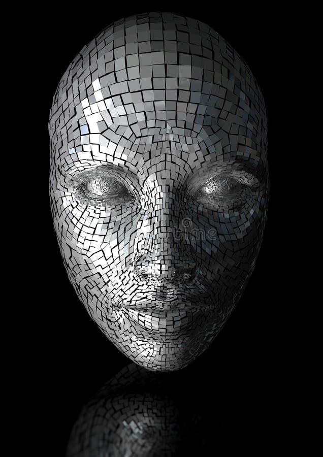 Cracked mask of a woman face isolated on a black background on reflective floor. Cracked mask of a woman face isolated on a black background on reflective floor