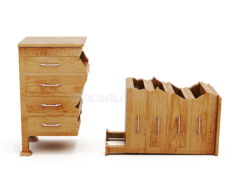 Broken wooden chest on white background. Conceptual image. Chest of drawers. Front view. 3d rendering. Broken wooden chest on white background. Conceptual image. Chest of drawers. Front view. 3d rendering