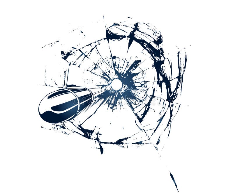 Broken window, background of cracked glass and bullet. Broken window, background of cracked glass and bullet