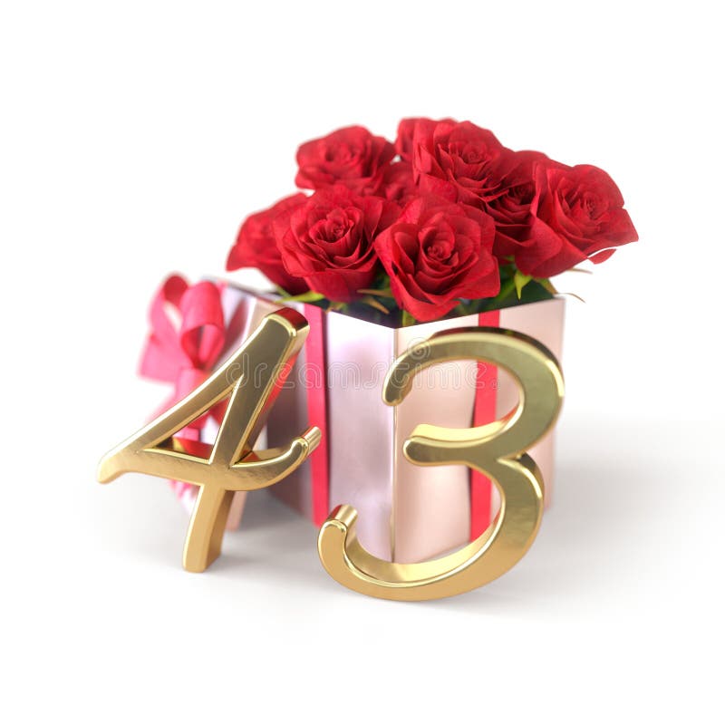 Geburtstagskonzept mit roten Rosen im Geschenk lokalisiert auf weißem Hintergrund vierzig-drittes 43. 3d übertragen lizenzfreie abbildung Geburtstagskonzept mit roten Rosen im Geschenk lokalisiert auf weißem Hintergrund vierzig-drittes 43. 3d übertragen lizenzfreie abbildung