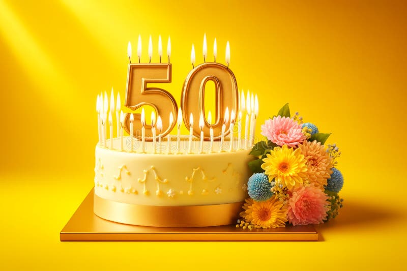 birthday cake with number fifty candles and a bouquet of flowers on a yellow burgundy background. birthday cake with number fifty candles and a bouquet of flowers on a yellow burgundy background.
