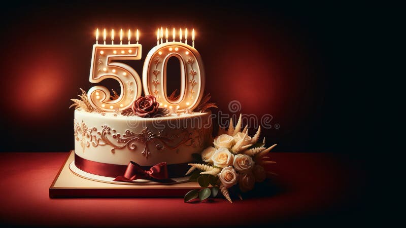 ornate birthday cake with number fifty candles and roses on a dark burgundy background, copy space. ornate birthday cake with number fifty candles and roses on a dark burgundy background, copy space.