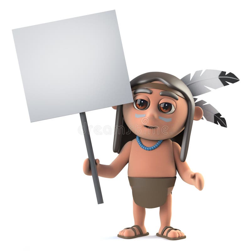 3d render of a funny cartoon Native American Indian character holding a blank protestors placard banner. 3d render of a funny cartoon Native American Indian character holding a blank protestors placard banner.