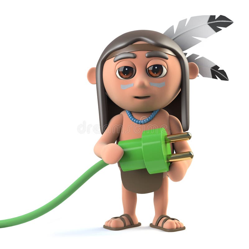 3d render of a funny cartoon Native American Indian character holding a green power cord. 3d render of a funny cartoon Native American Indian character holding a green power cord.