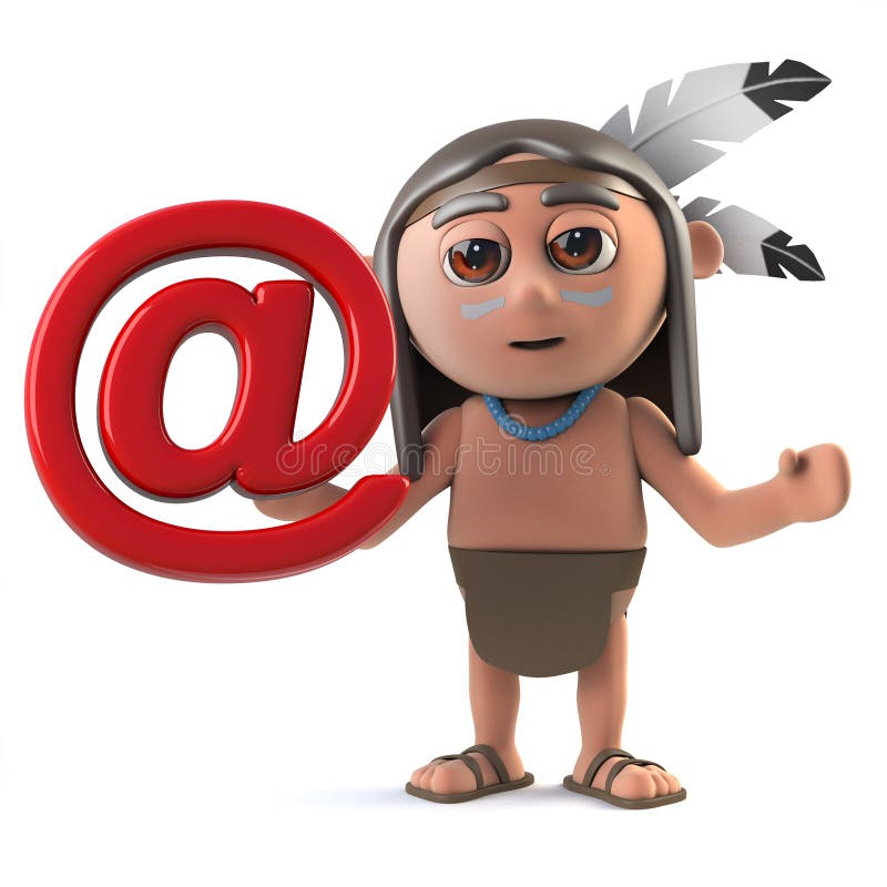 3d render of a funny cartoon Native American Indian character holding an email address symbol. 3d render of a funny cartoon Native American Indian character holding an email address symbol