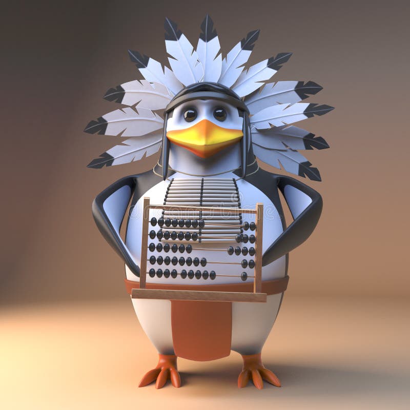 Funny 3d cartoon native American Indian chief penguin in feathered headdress holding an abacus, 3d illustration render. Funny 3d cartoon native American Indian chief penguin in feathered headdress holding an abacus, 3d illustration render