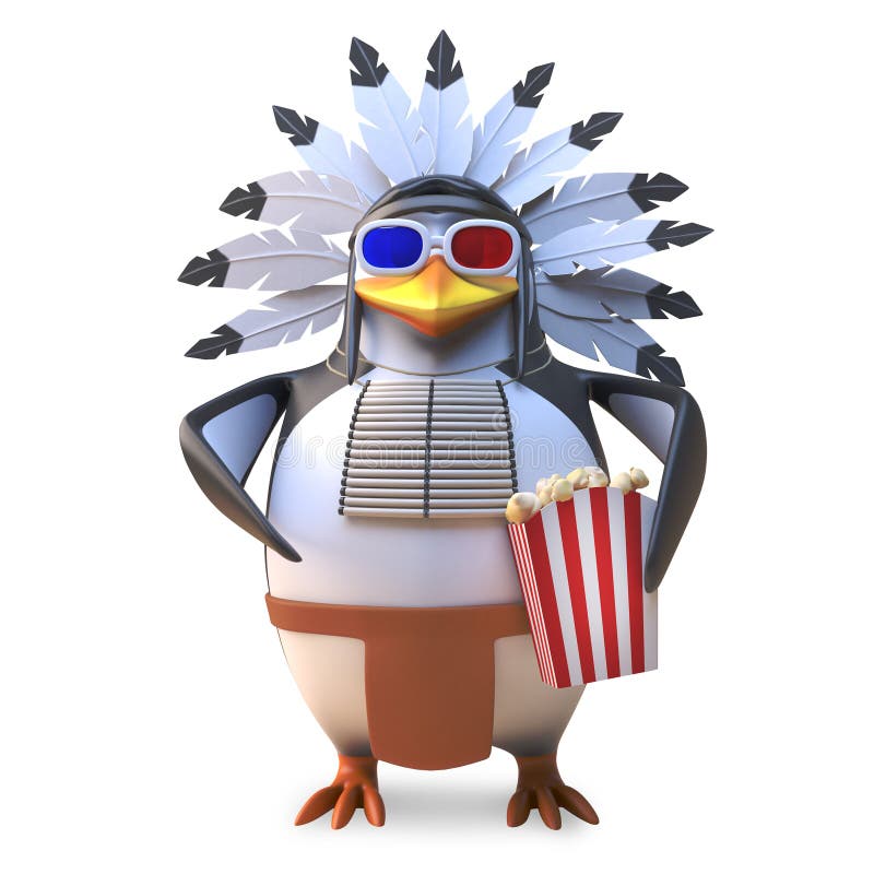 Native American Indian chief penguin eats popcorn while watching a 3d movie, 3d illustration render. Native American Indian chief penguin eats popcorn while watching a 3d movie, 3d illustration render