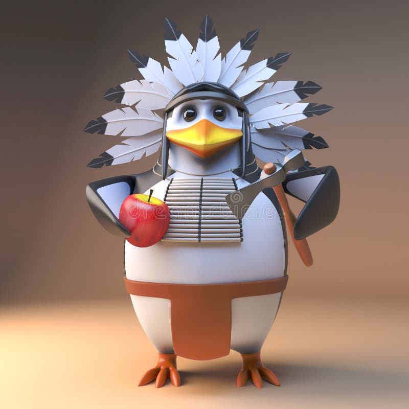 Funny 3d cartoon native American Indian chieftain in feathered headdress chopping an apple with an axe, 3d illustration render. Funny 3d cartoon native American Indian chieftain in feathered headdress chopping an apple with an axe, 3d illustration render