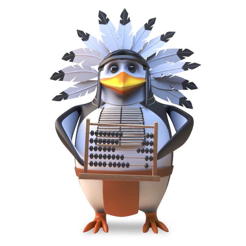 Cartoon native American Indian chieftain penguin using an abacus for maths, 3d illustration render. Cartoon native American Indian chieftain penguin using an abacus for maths, 3d illustration render