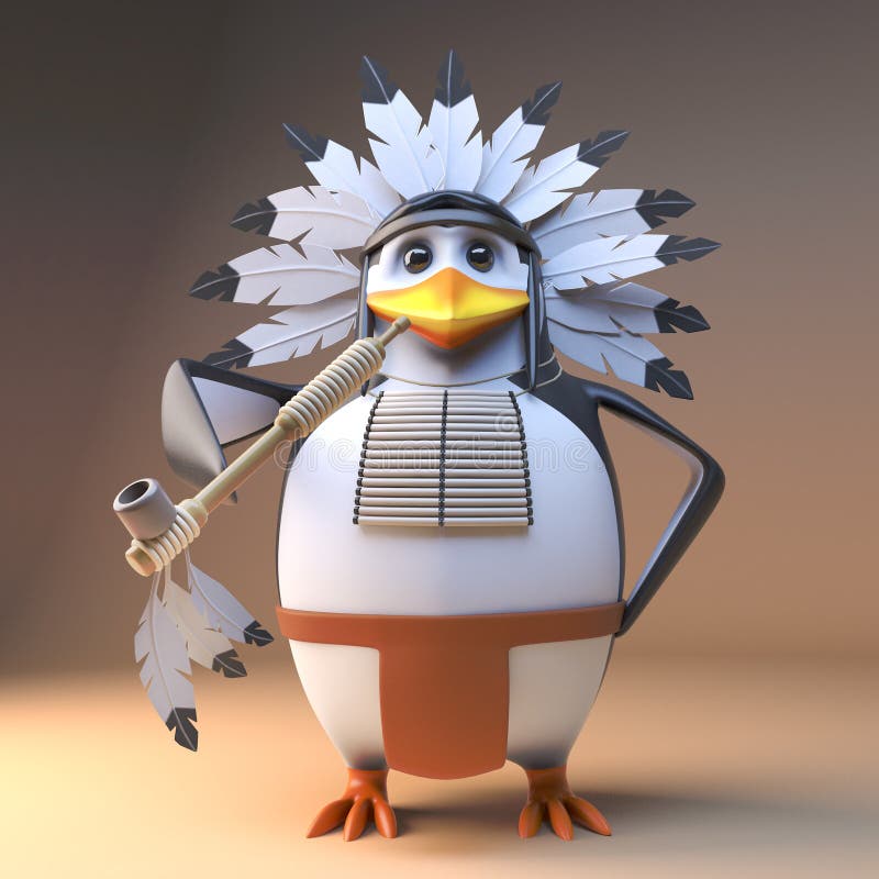 Funny 3d penguin native American Indian chief in feathered headdress smoking a peace pipe, 3d illustration render. Funny 3d penguin native American Indian chief in feathered headdress smoking a peace pipe, 3d illustration render