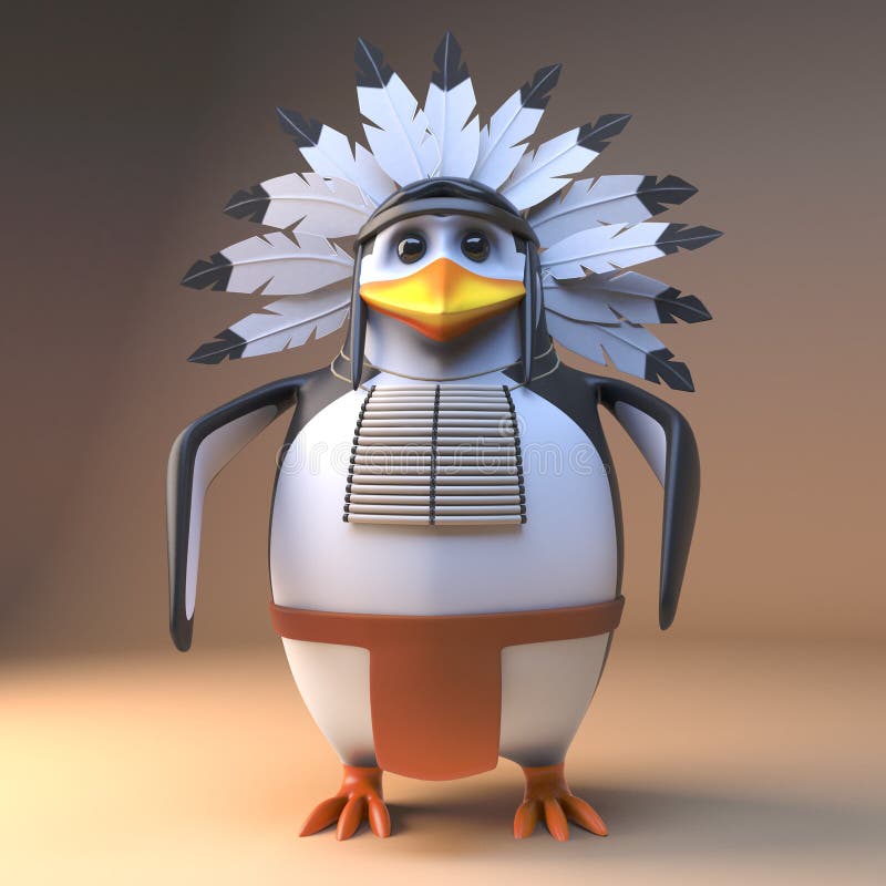 Noble 3d cartoon native American Indian penguin chieftain in feathered headdress standing peacefully, 3d illustration render. Noble 3d cartoon native American Indian penguin chieftain in feathered headdress standing peacefully, 3d illustration render