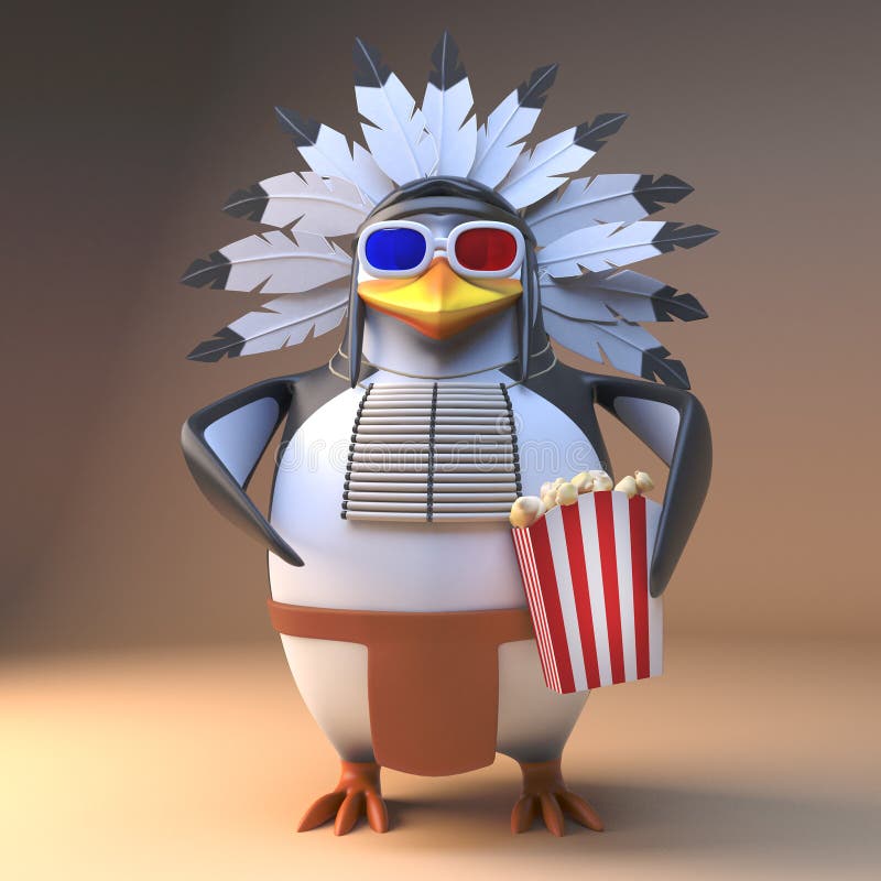 Cartoon native American Indian penguin chief in feathered headdress eatpopcorn at a 3d movie, 3d illustration render. Cartoon native American Indian penguin chief in feathered headdress eatpopcorn at a 3d movie, 3d illustration render