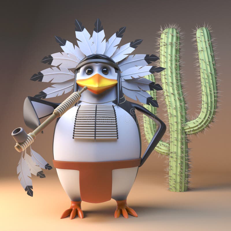 Funny cartoon native American Indian penguin chief smoking a peace pipe by a cactus, 3d illustration render. Funny cartoon native American Indian penguin chief smoking a peace pipe by a cactus, 3d illustration render