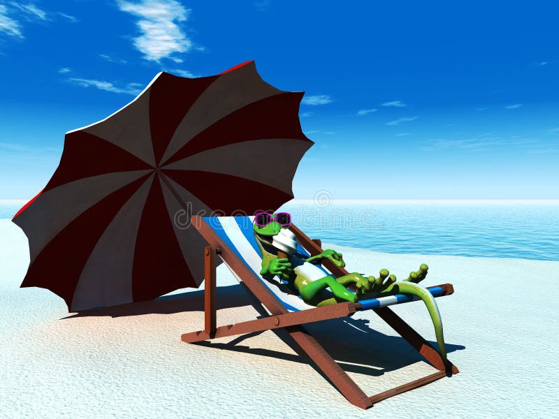 Gecko fresco de la historieta que se relaja en la playa.