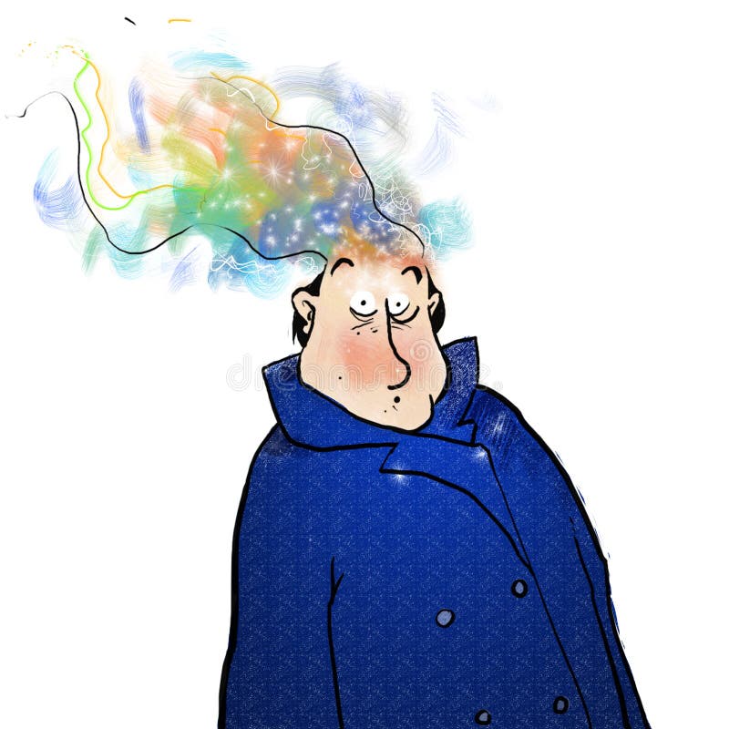 Man in coat with wild smoke like thoughts. Man in coat with wild smoke like thoughts