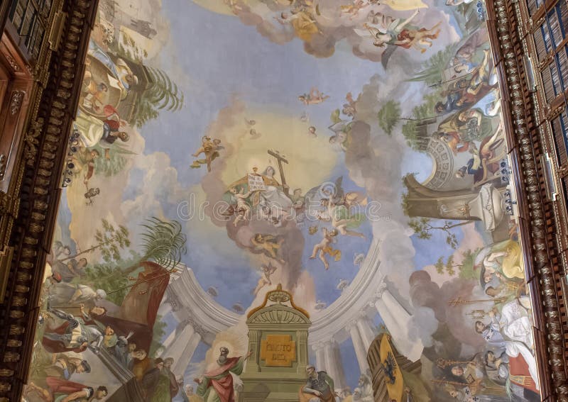 Gedeeltelijke mening van plafondfresko, Filosofische Zaal, Strahov-Kloosterbibliotheek, Praque royalty-vrije stock afbeelding Gedeeltelijke mening van plafondfresko, Filosofische Zaal, Strahov-Kloosterbibliotheek, Praque royalty-vrije stock afbeelding