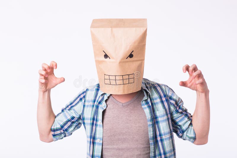 Gedeprimeerde boze mens met beeld emotioneel gezicht op doos lucht royalty-vrije stock foto Gedeprimeerde boze mens met beeld emotioneel gezicht op doos lucht royalty-vrije stock foto