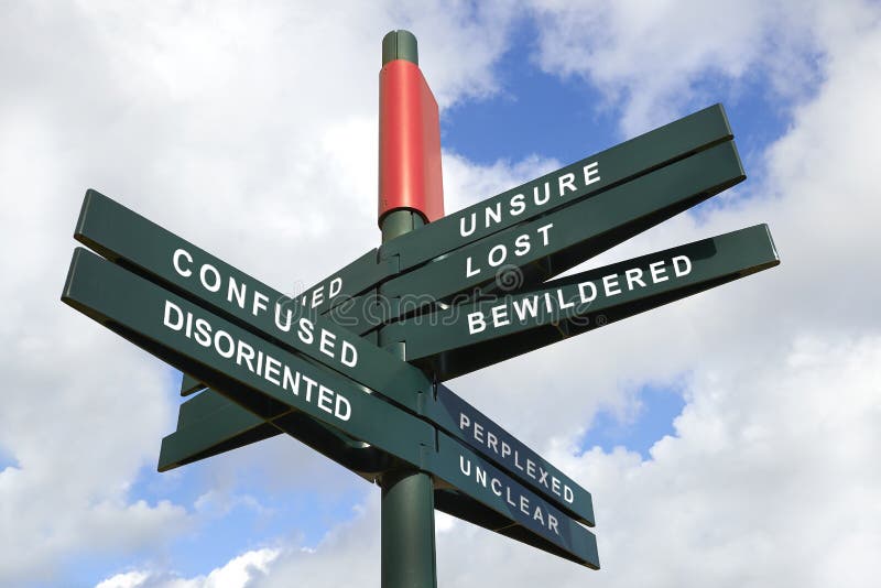 Disoriented and Confused Signpost against cloudy sky - clipping path for isolated the panels. Disoriented and Confused Signpost against cloudy sky - clipping path for isolated the panels
